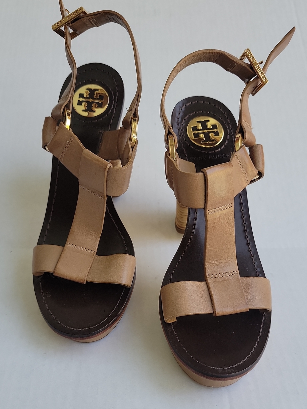 Tory Burch Beige Leather T-Strap Sandals with Gold Logo